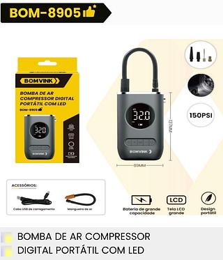 BOMBA DE AR COMPRESSOR DIGITAL PORTATIL COM LED BOMVINK