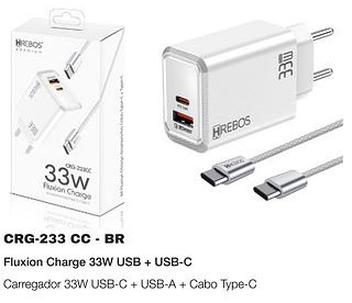 CARREGADOR 33W USB-C + USB-A + CABO TYPE-C HREBOS