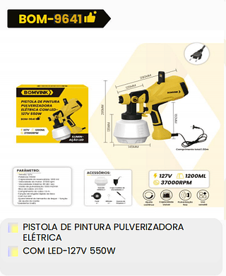 PISTOLA DE PINTURA PULVERIZADORA ELETRICA COM LED - 127V 550W BOMVINK