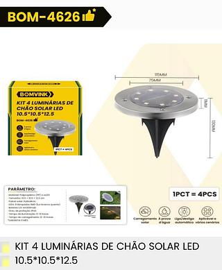 KIT 4 LUMINARIAS DE CHAO SOLAR LED 10.5*10.5*12.5 BOMVINK