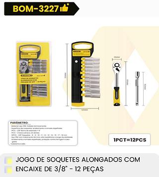 JOGO DE SOQUETES ALONGADOS COM ENCAIXE DE 3/8" - 12 PEGAS BOMVINK