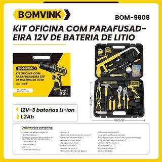 KIT OFICINA COM PARAFUSADEIRA 12V DE BATERIA DE LITIO BOMVINK