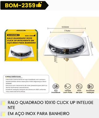 RALO QUADRADO 10*10 CLICK UP INTELIGENTE EM ACO INOX PARA BANHEIRO BOMVINK