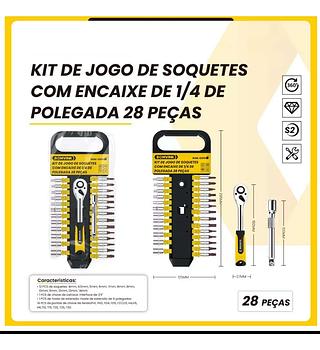 KIT DE JOGO SOQUETE COM ENCAIXE DE 1/4 DE PLOEGADAS 28 PEÇAS BOMVINK