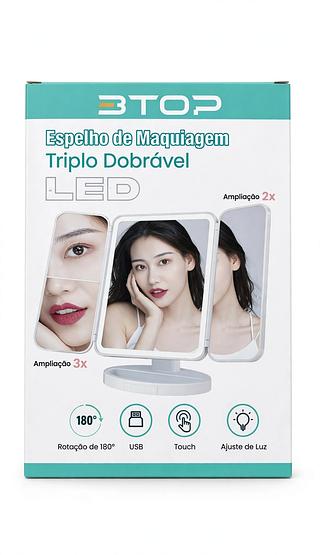 ESPELHO DE MAQUIAGEM TRIPLO DOBRAVEL LED BTOP