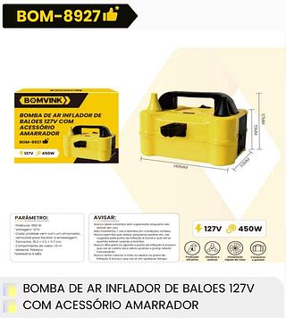 BOMBA DE AR INFLADOR DE BALOES 127V COM ACESSORIO BOMVINK